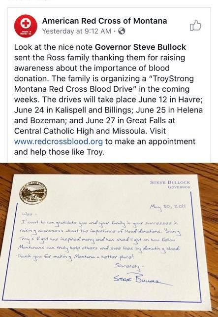 Gov. Bullock's note to Ross family for increasing awareness of blood donations.